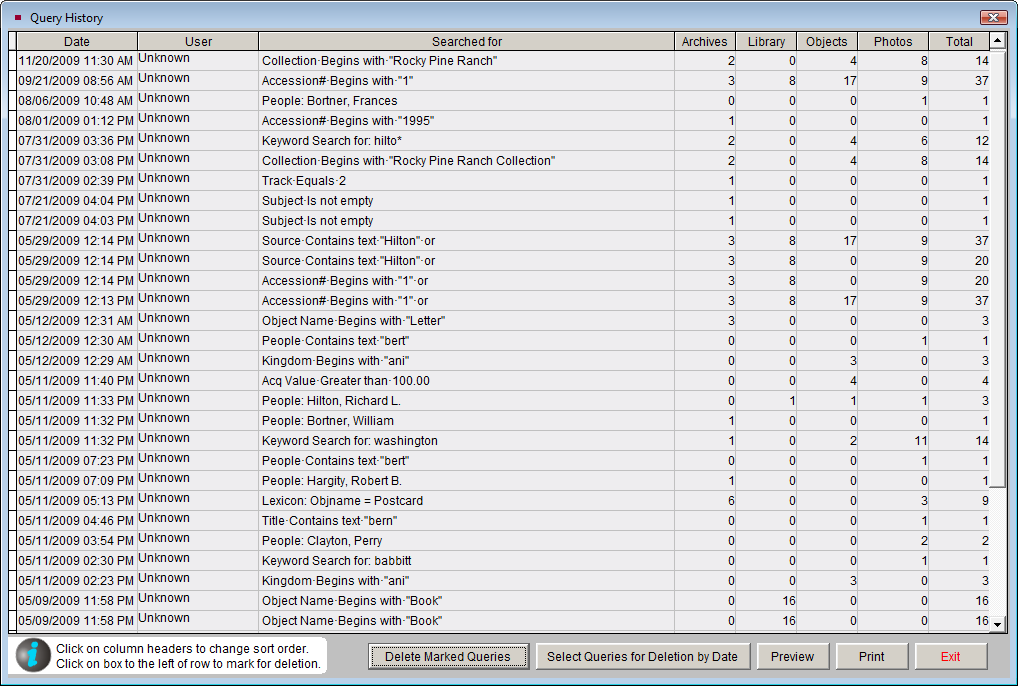 View of Query History screen.