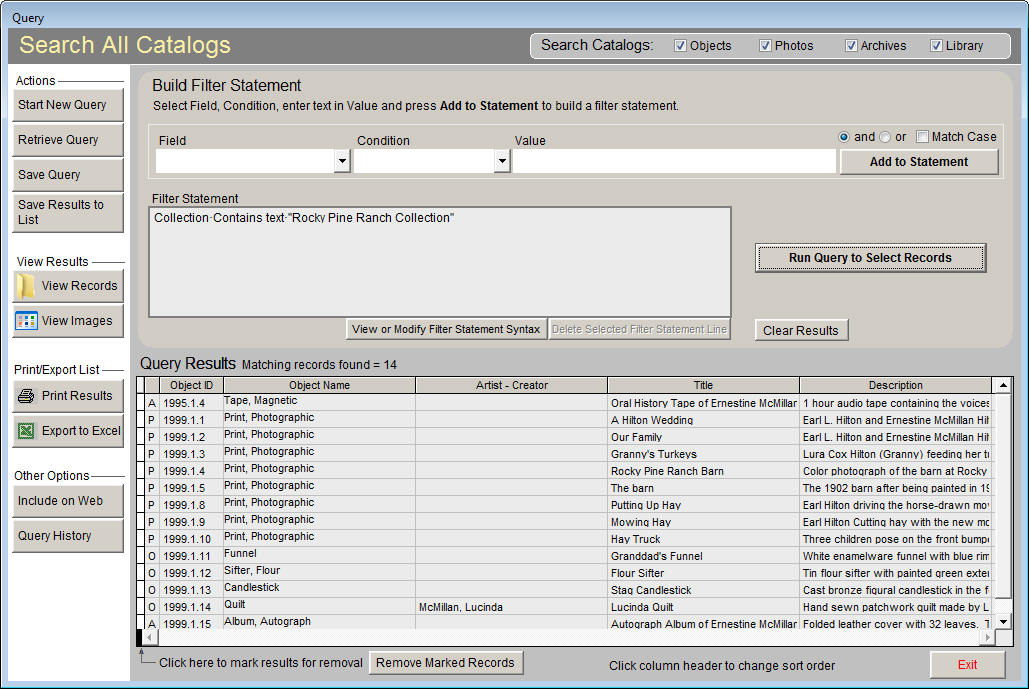 Screenshot sample of query showing filter statement and results.