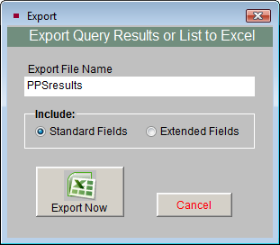 Sample export screen view allowing export to excel.