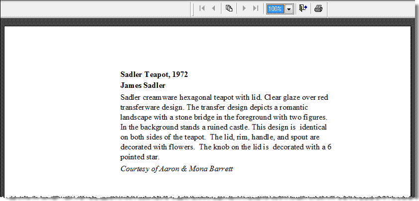 Print Preview screen for Exhibit label.