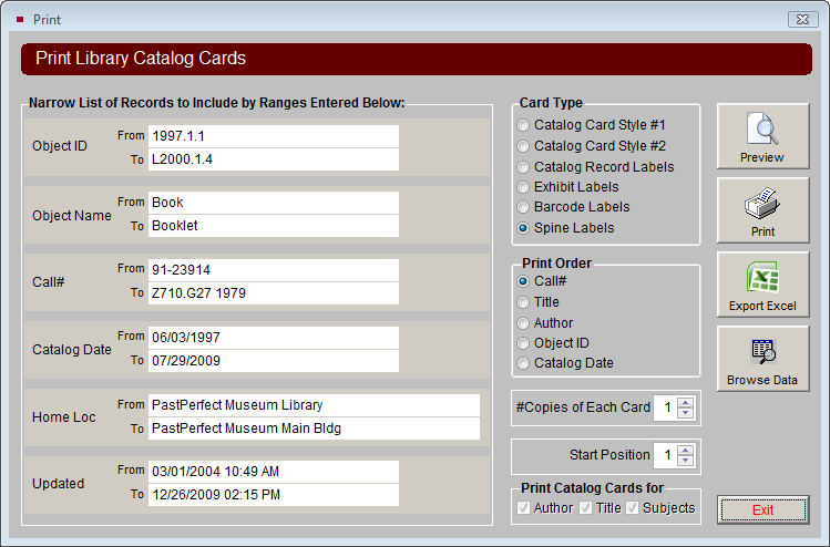 Print Library records screen sample with Spine Labels selected.