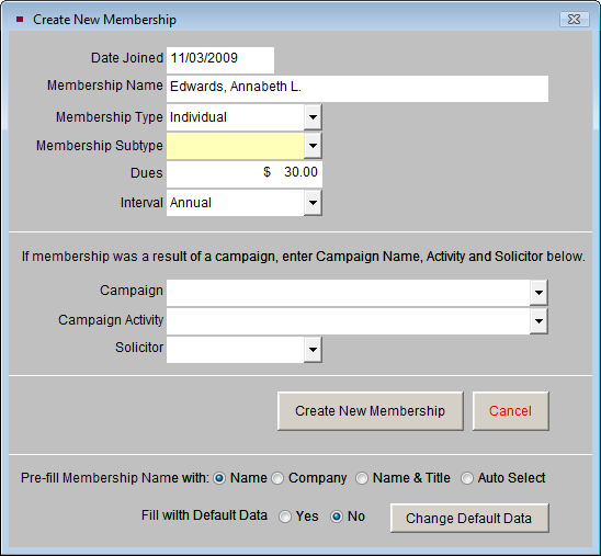 image of the Create New Membership screen