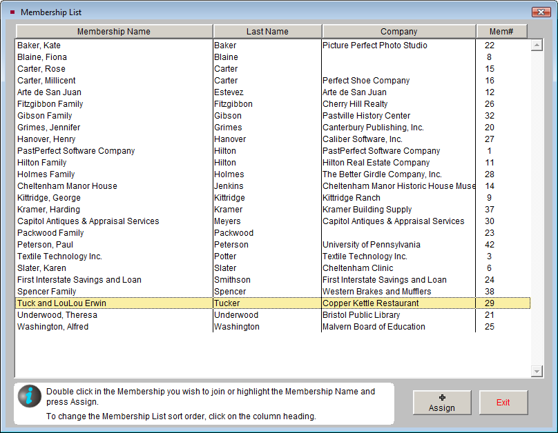 image of the Membership List screen for joining an existing membership