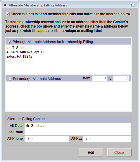 image of the Alternate Membership Billing Address Information screen