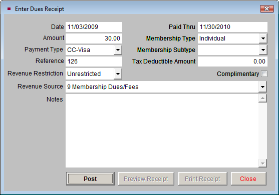image of the Enter Dues Receipt screen