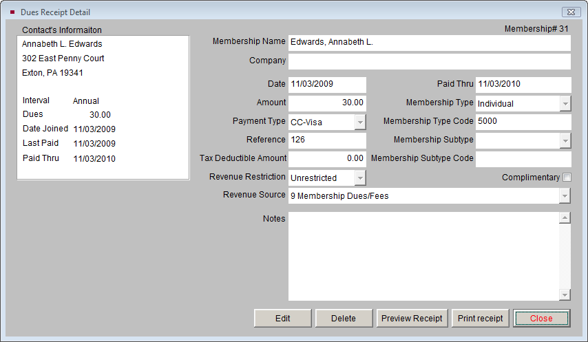 image of the dues receipt detail screen