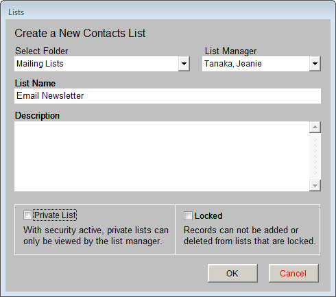 image of the Create a New Contacts List screen