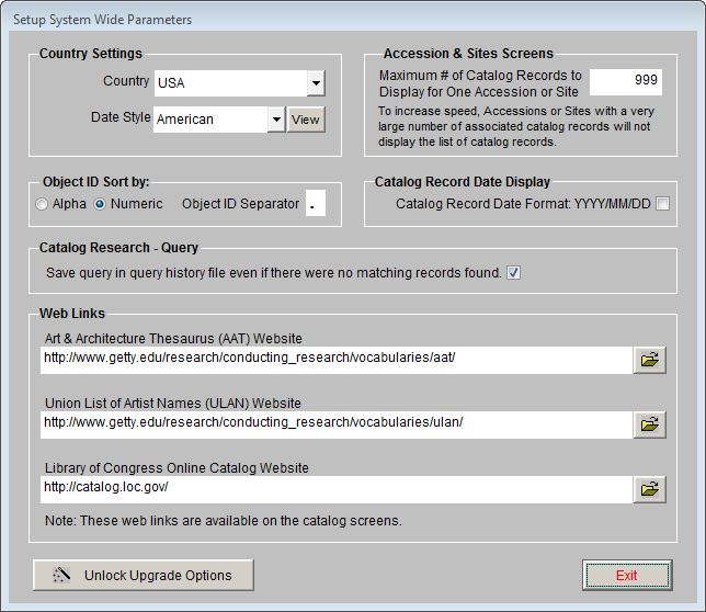 screenshot of Setup System Wide Parameters screen