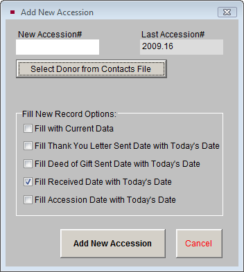 screenshot of Add New Accession screen