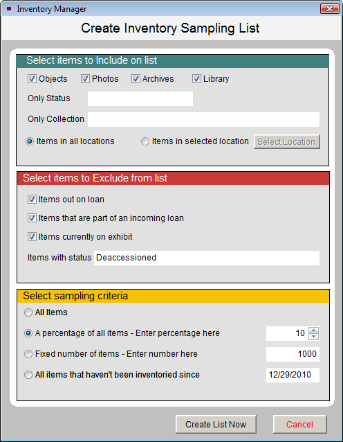 Screen shot of the Create Inventory Sampling List screen in Inventory Manager