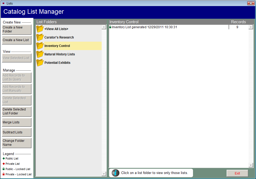 Screen shot of Catalog List Manager screen with Inventory Control folder