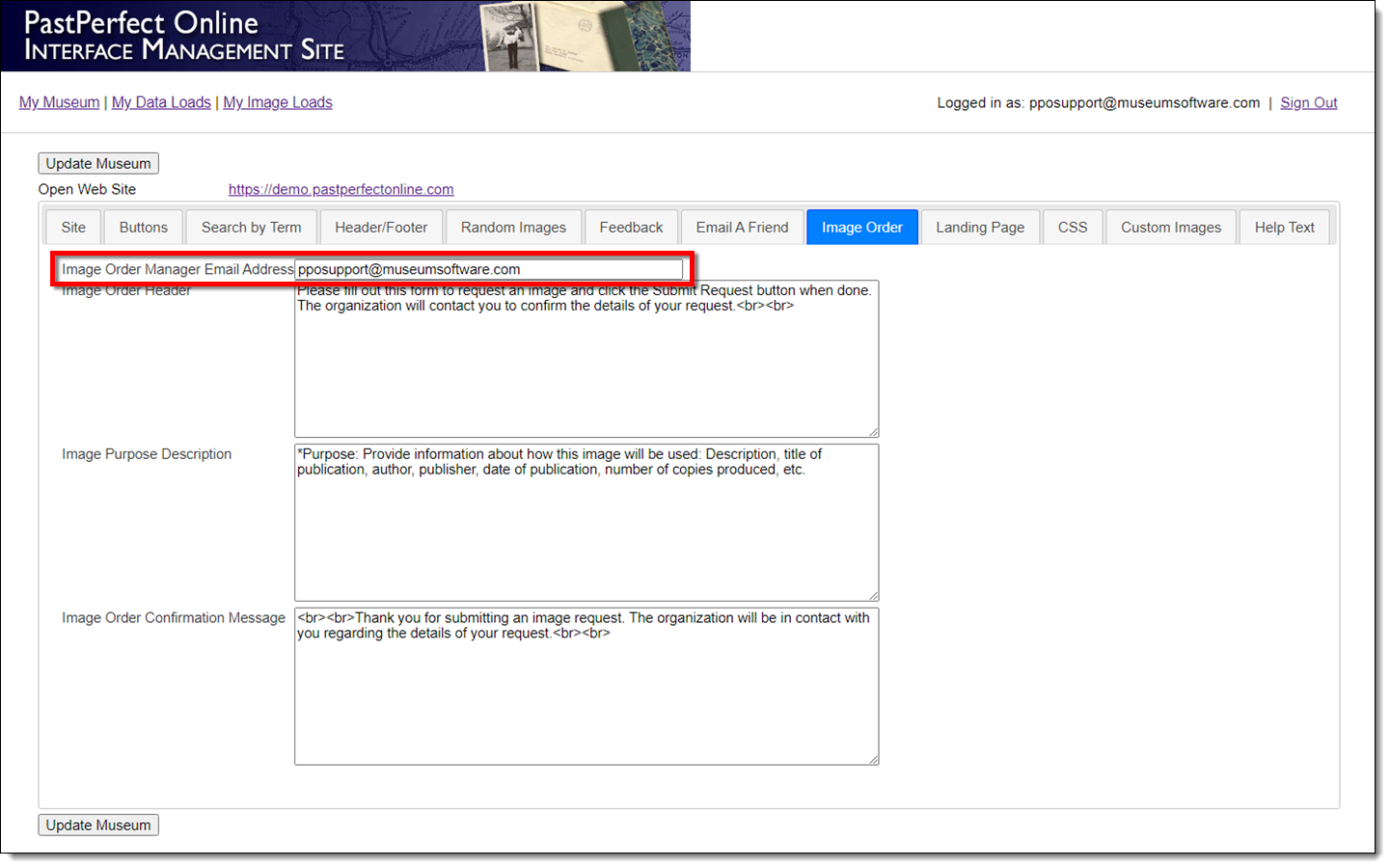 Interface Management Site with Image Order tab selected