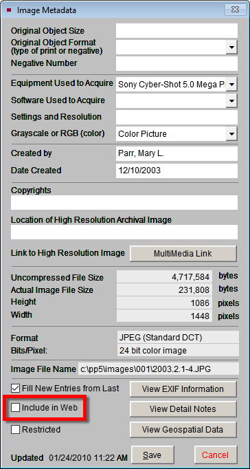 Image Metdata screen