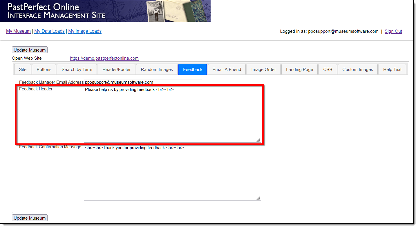 Interface Management Site highlighting the Feedback Header field