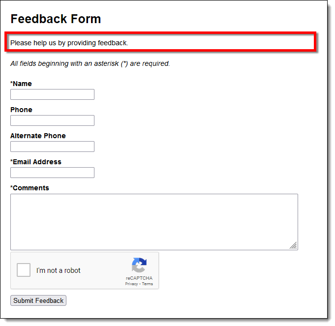 Feedback Form highlighting the Feedback Header text