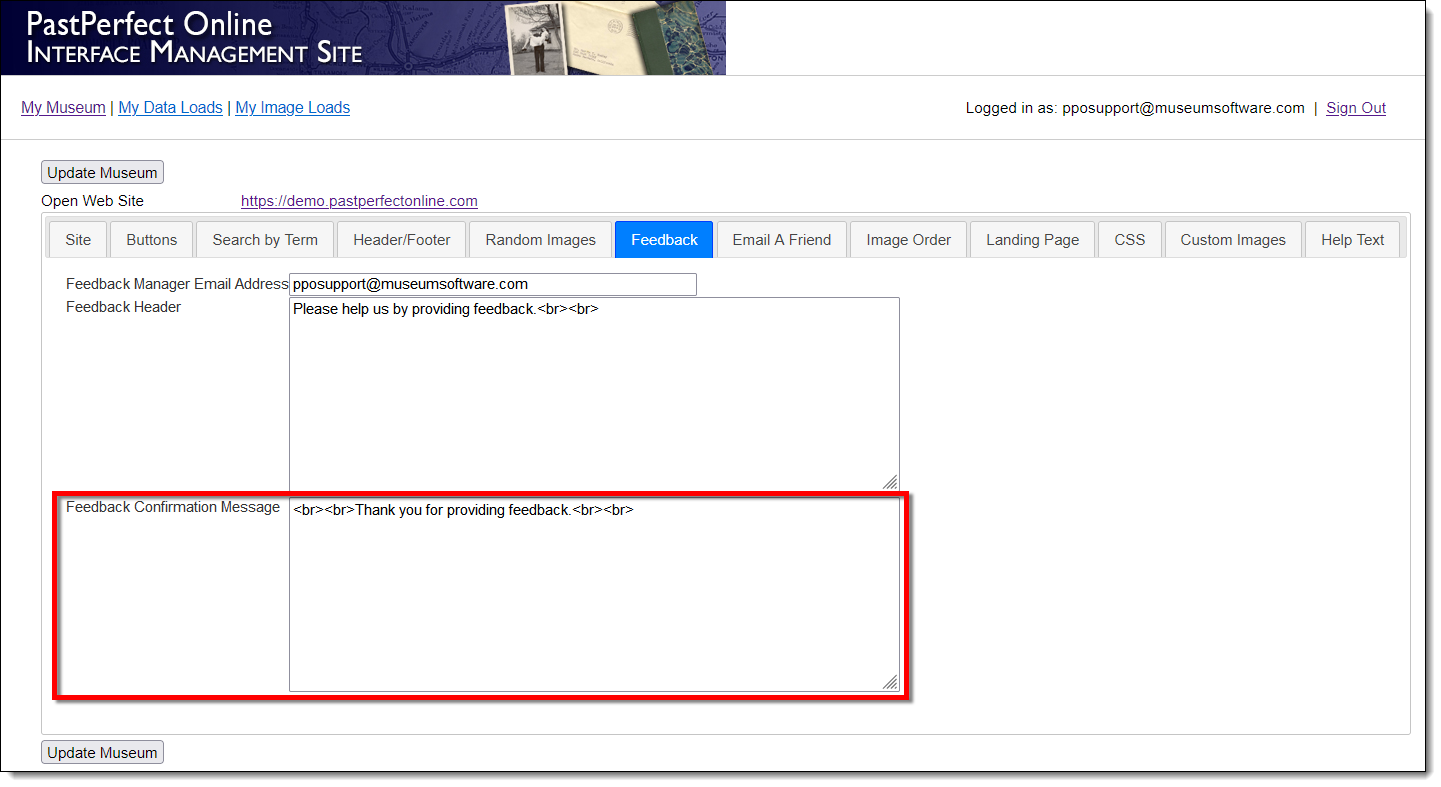 Interface Management Site highlighting the Feedback Confirmation Message field