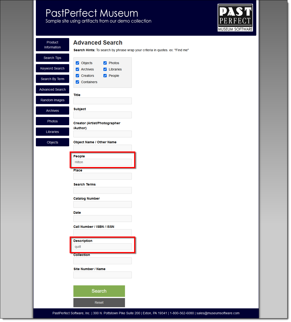 Using Advanced Search to search for Hilton in People and Quilt in Description.