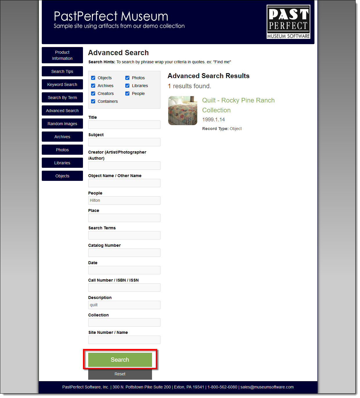 Advanced Search search results.