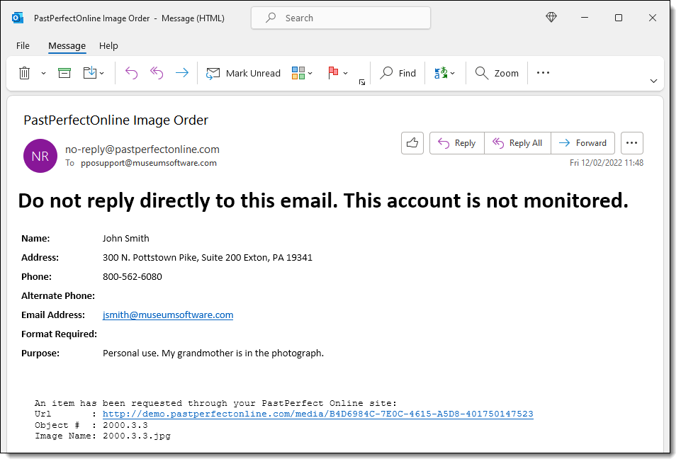 Image Request Email sent to the organization