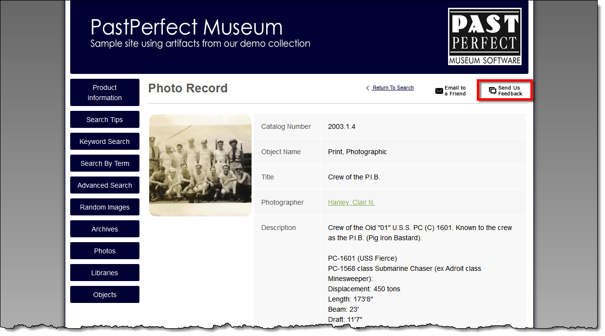 Online Record Page with Send Us Feedback button highlighted