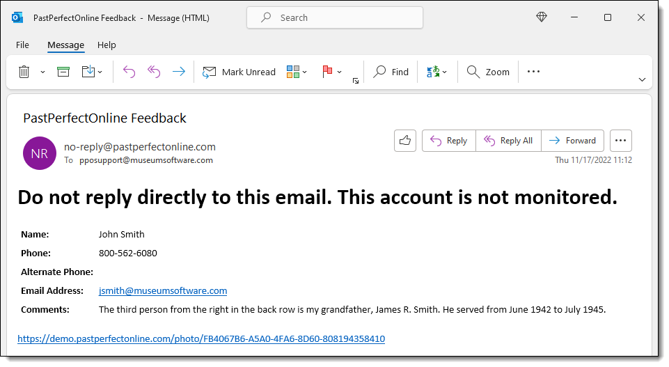 Feedback Email sent to the organization