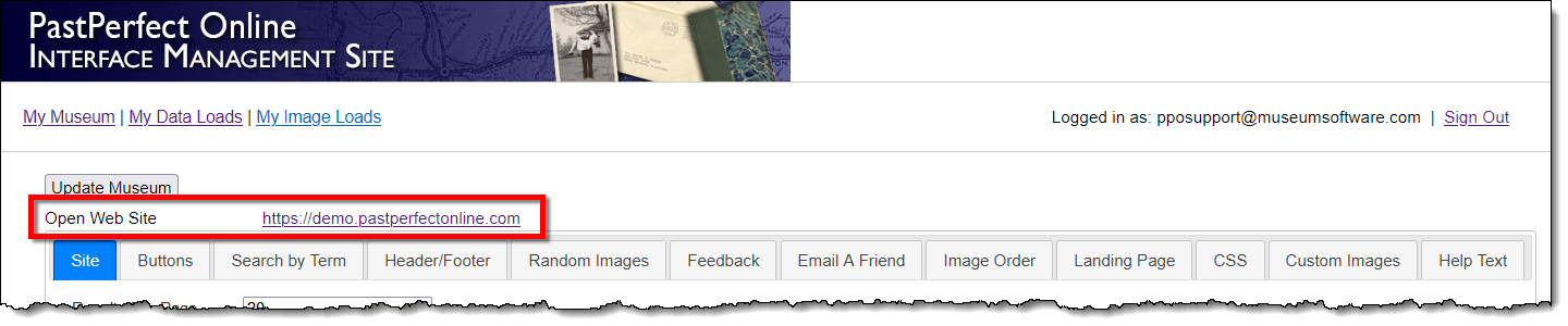 Interface Management Site highlighting the Open Web Site Link