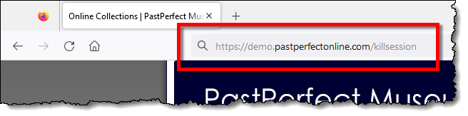 Highlight of the address bar showing http://sandbox.pastperfectonline.com/killsession