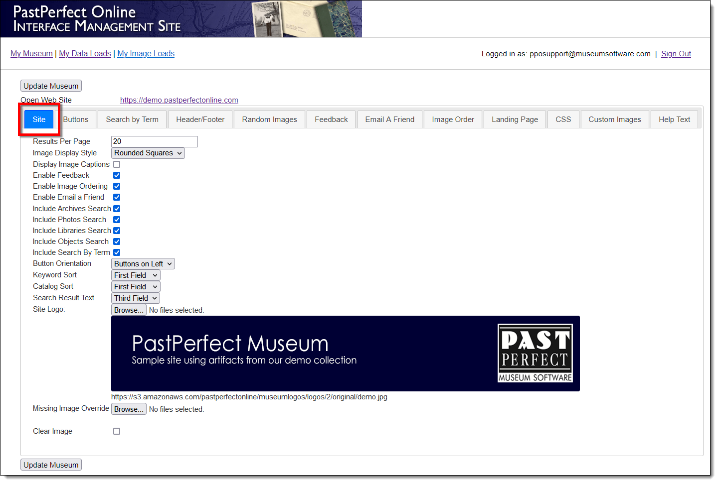 Interface Management Site displaying Site tab
