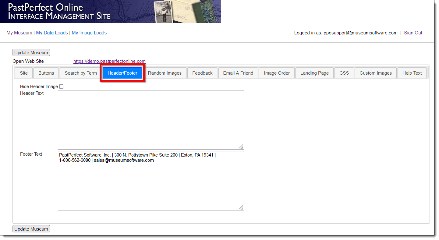 Interface Management Site displaying Header/Footer tab
