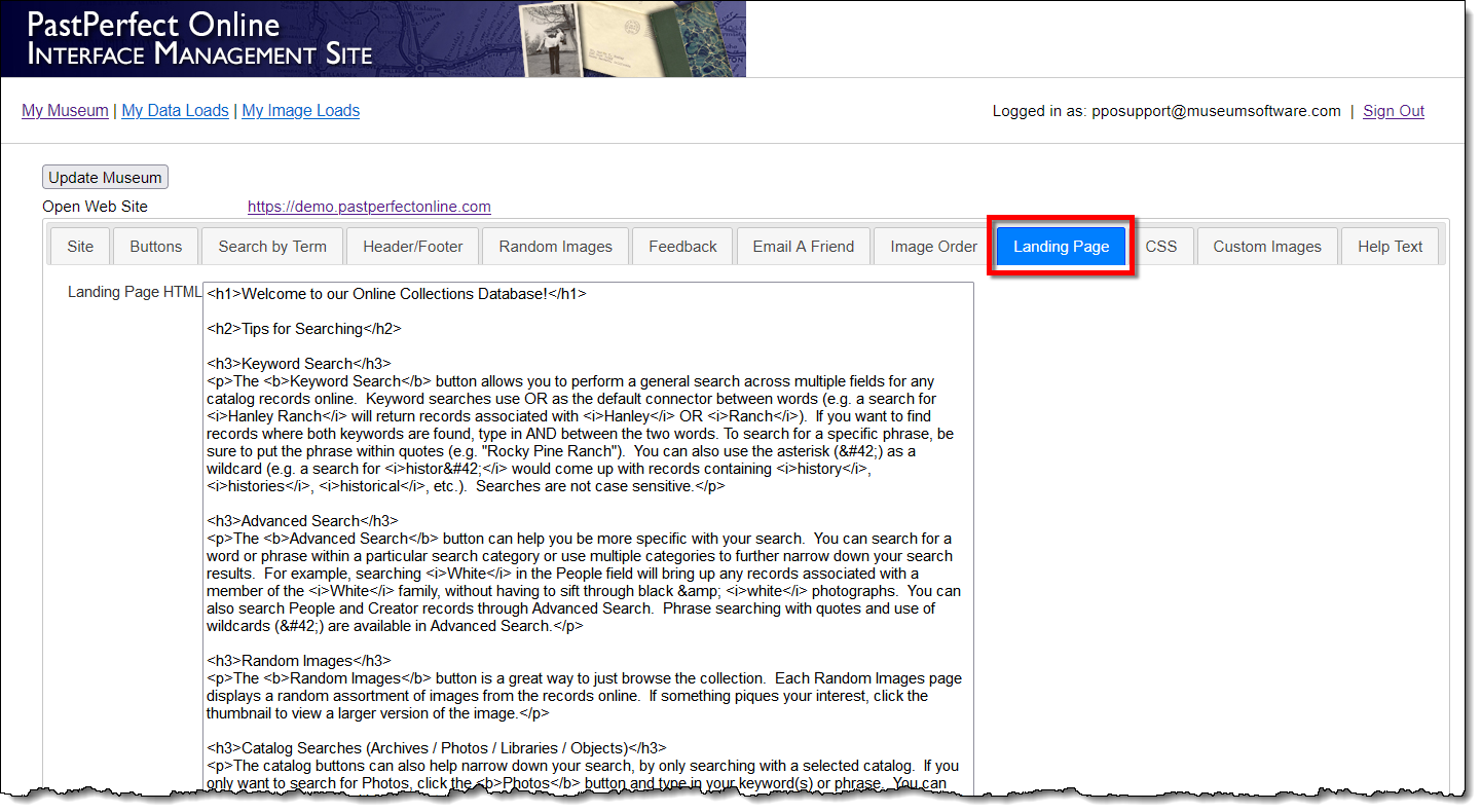 Interface Management Site displaying Homepage tab