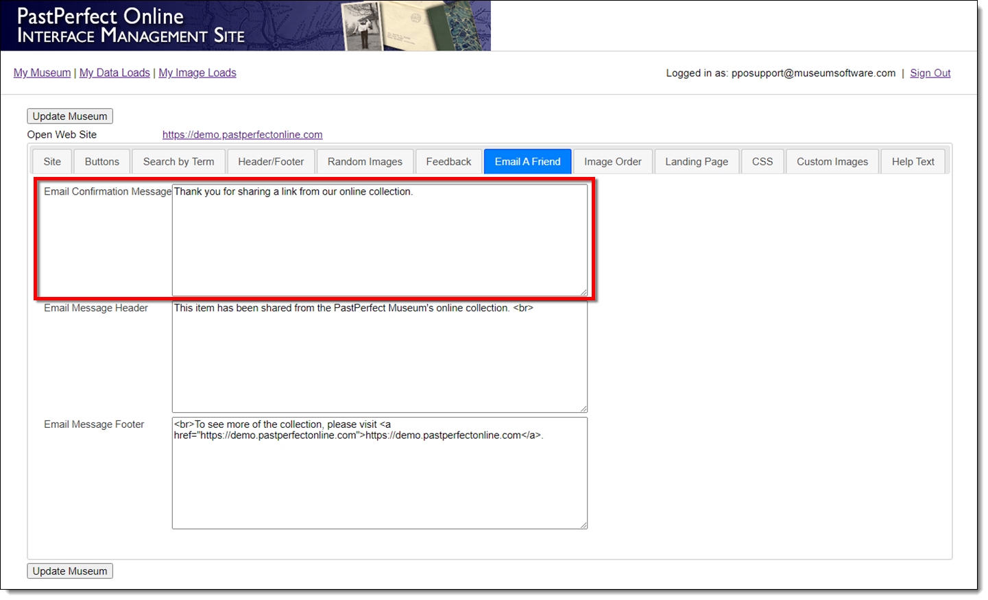 Interface Management Site highlighting the Email Confirmation Message field