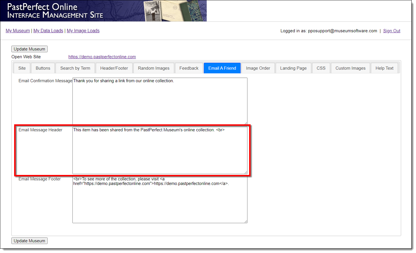 Interface Management Site highlighting the Email Message Header field