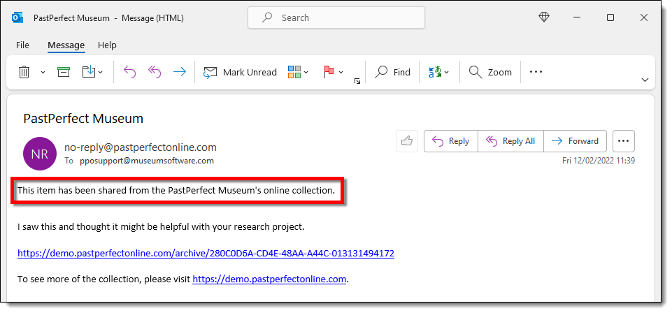 Received email from the PPO Site highlighting the Email Message Header text