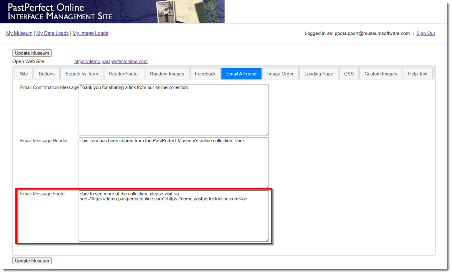 Interface Management Site highlighting the Email Message Footer field