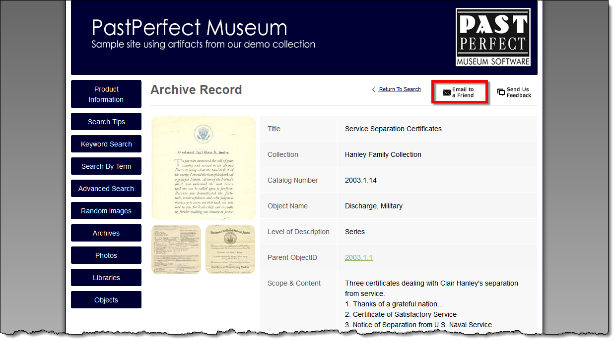 Online Record Page with Email to a Friend button highlighted