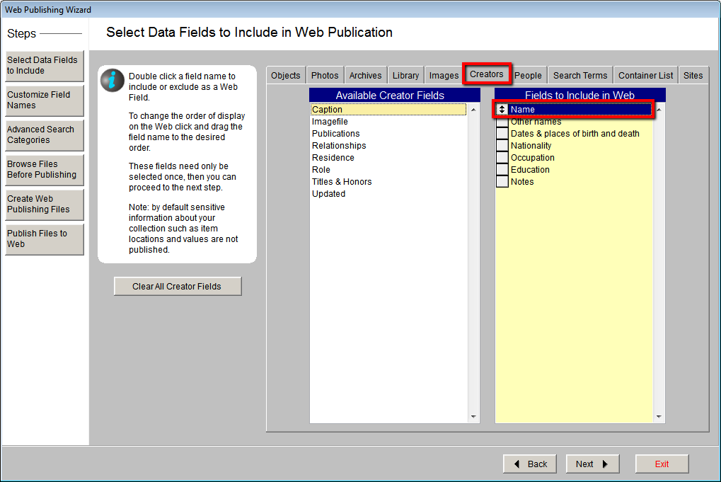 Select Data Fields screen with Creator tab selected