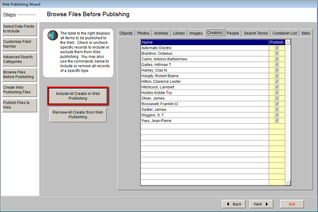 Browse Files Before Publishing screen highlighting Include All Creator button