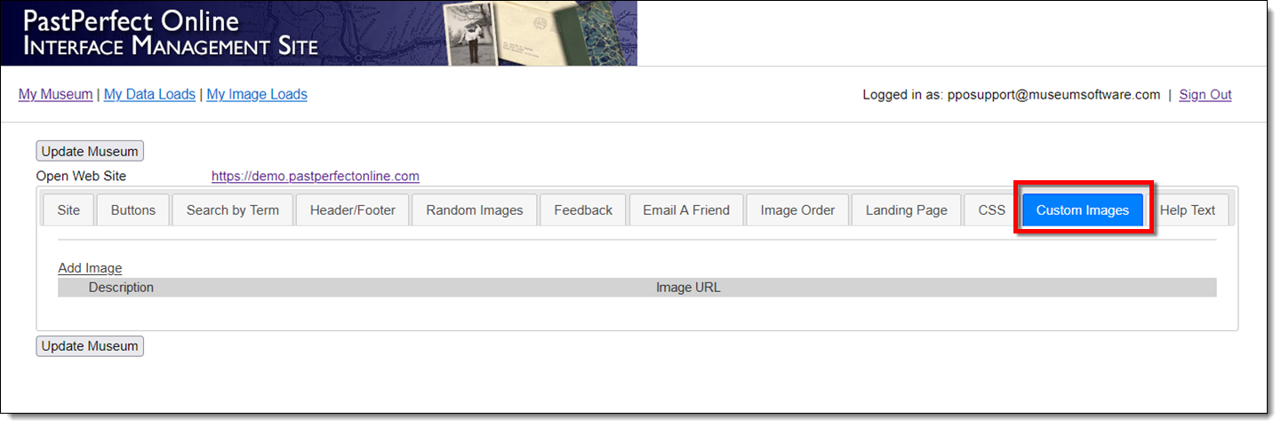 Custom Images tab in IMS.