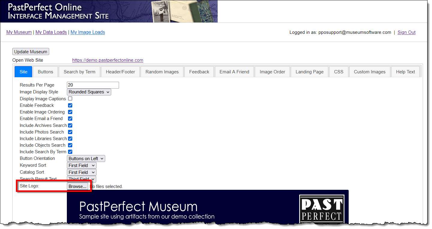 IMS Site tab highlighting the Choose File button next to Site Logo