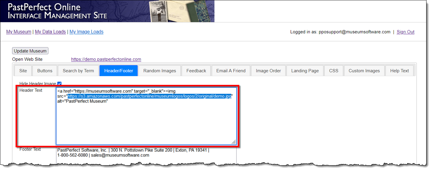 IMS Header/Footer tab with new logo URL highlighted within Header Text HTML